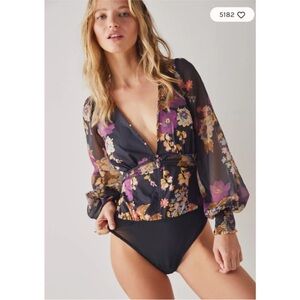 Free People Floral Black Bodysuit